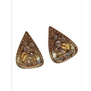 Vintage Colorful Sparkling Rhinestone Ornate Tear Drop Clip Earrings Gold Tone